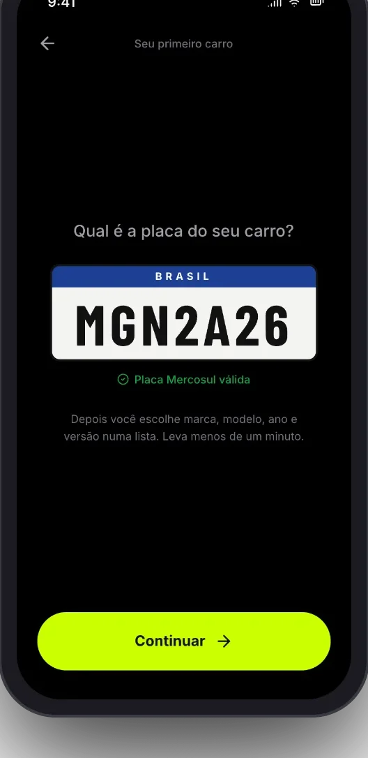 Tela de cadastro do carro por placa